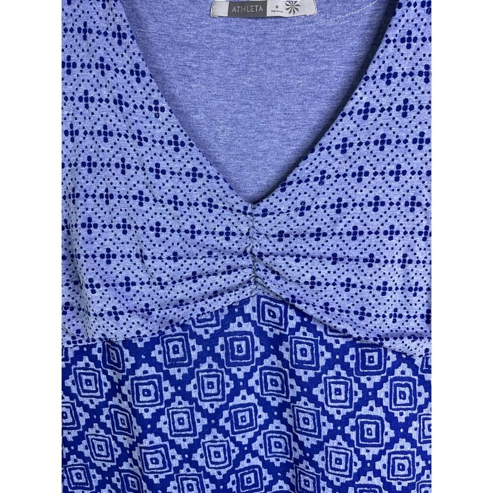 Athleta Dhara Dress Women M Blue Cotton Geometric Cap Sleeve VNeck Summer Casual - Picture 4 of 10